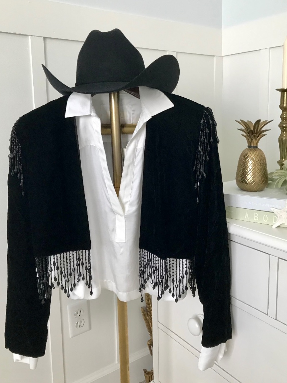 VINTAGE ALEX EVENINGS BLACK VELVET CROPPED BOLERO JACKET BEADED FRINGE SIZE M